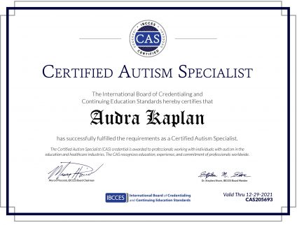 Certified Autism Specialist Certificate Dr. Audra Kaplan Ramah Darom Tikvah Support Program