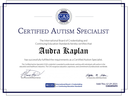 Certified Autism Specialist Certificate - Audra Kaplan Tikvah Support Program Ramah Darom