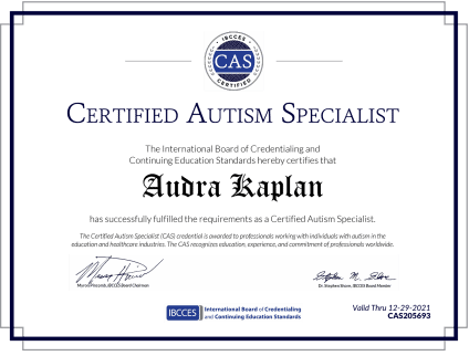 Certified Autism Specialist Certificate - Audra Kaplan Tikvah Support Program Ramah Darom