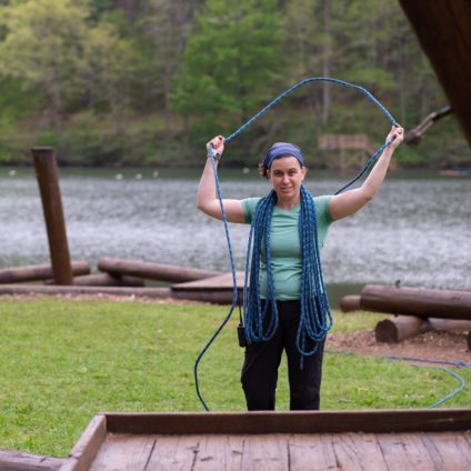 Ashira at the Passover Retreat doing what she loves to do, teaching climbing