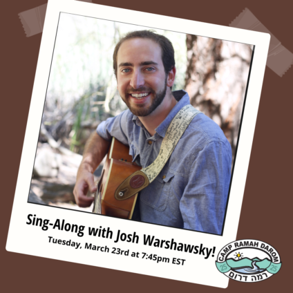 Sing a long with Josh Warshawsky with a photo of Josh playing his guitar in an old polaroid frame.