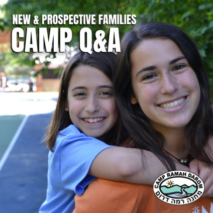 New and Prospective Family Information Session. Camp Q & A. Photo of young girl camper on the back of young female staff both with big smiling faces.