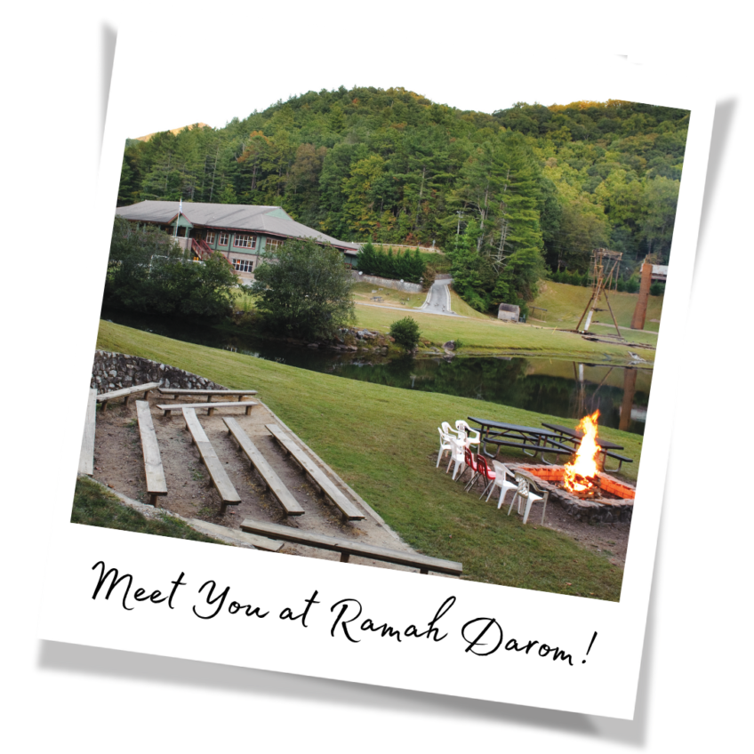 Meet you at Ramah Darom polaroid photo of fire pit with wood benches and the Levine Center in the background.
