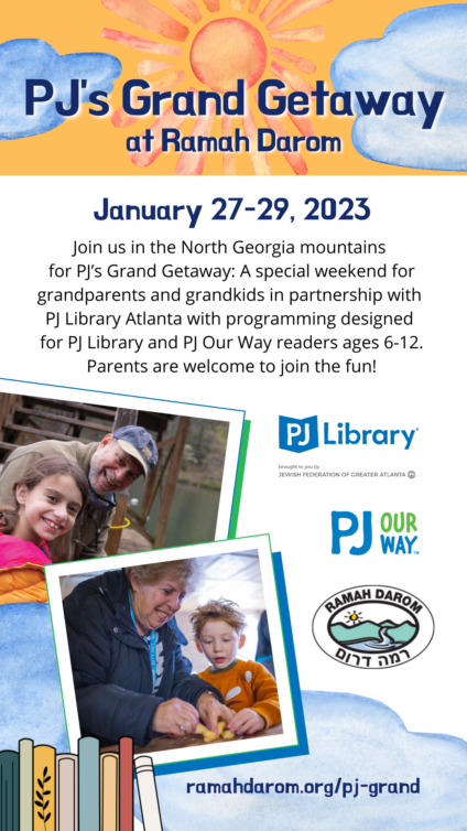 A flyer for PJ's Grand Getaway. Learn more at ramahdarom.org/pjj-grand